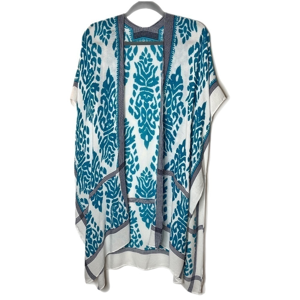 Gingerly Womens Kimono Duster One Size Blue Damask Print Open Front Cardigan Top
